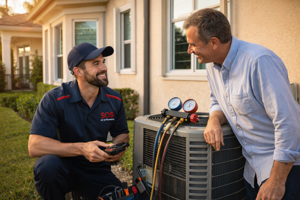 HVAC technician repairing air conditioner at a home in South Florida