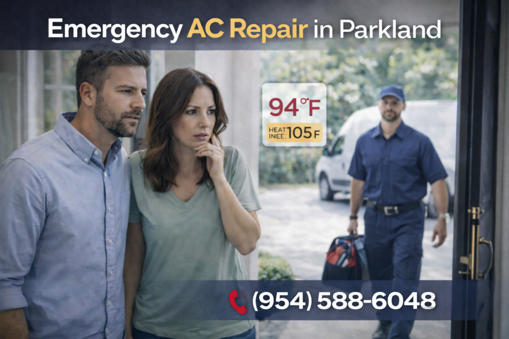 HVAC technician arriving for emergency AC repair in Parkland Florida as worried homeowners wait inside during extreme heat